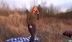 Redhead beauty convinced to fuck outdoor with wierd stranger