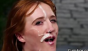 Scalding beauty gets cum load on her face eating all the jism