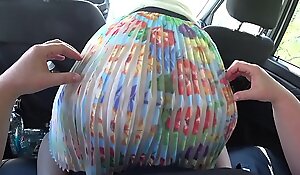 Lesbians wide a strapon fuck nigh the car. Broad in the beam ass plus hairy pussy POV.