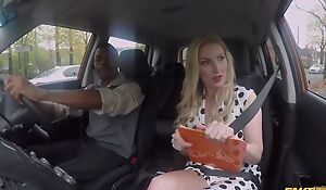 Busty driving school instructor pleasuring black dude in the car