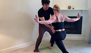 Stepson helps stepmom in all directions yoga together with stretches her pussy