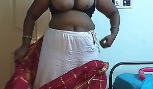 desi  indian tamil telugu kannada malayalam hindi scalding cheating wife vanitha wearing cherry red colour saree way obese boobs plus shaved pussy press hard boobs press nip rubbing pussy masturbation